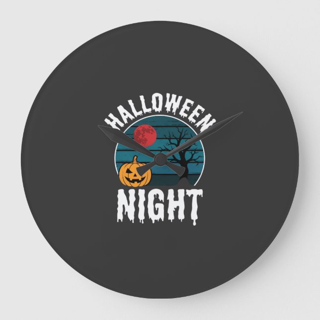 Halloween Night Pumpkin Tree Vector Large Clock (Front)