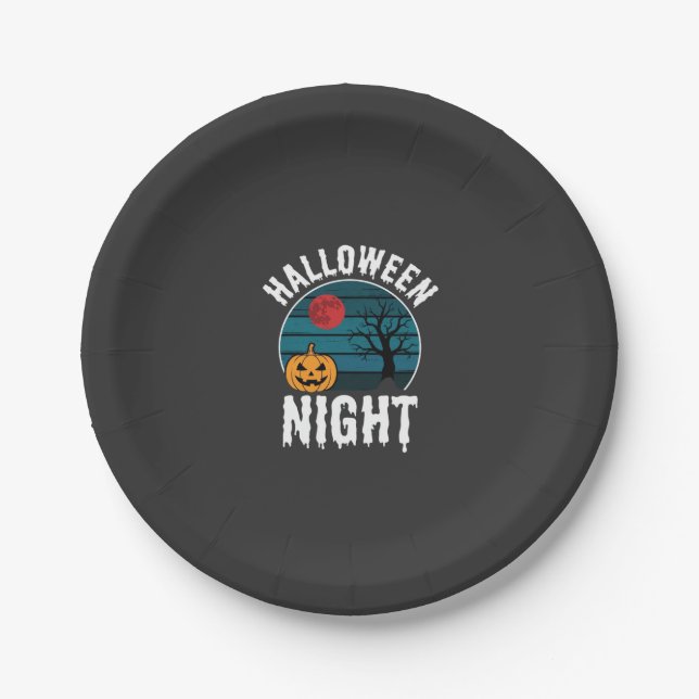 Halloween Night Pumpkin Tree Vector Paper Plates (Front)