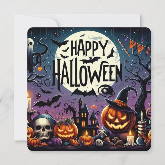Halloween Night Pumpkins, Skulls & Haunted House Invitation (Front)