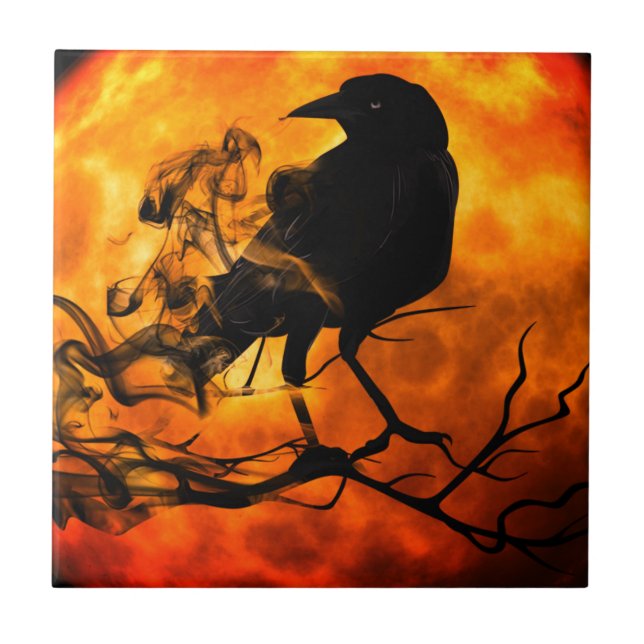 Halloween night raven ceramic tile (Front)