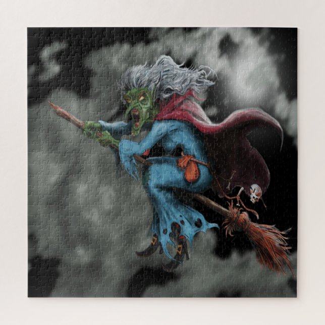 Halloween Night Scary Flying Witch Skull Jigsaw Puzzle (Vertical)