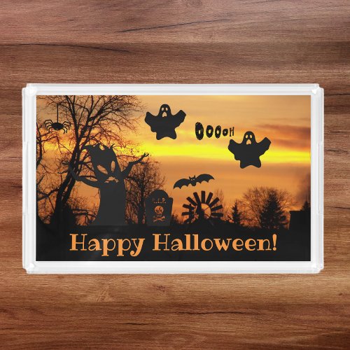 Halloween Night Scary Ghosts and Bats Scene Acrylic Tray