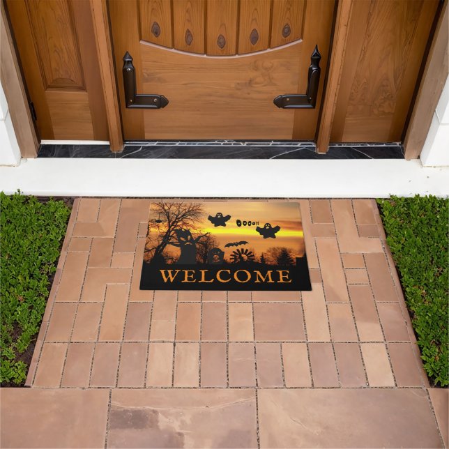 Halloween Night Scary Ghosts and Bats Welcome Doormat (Outdoor)