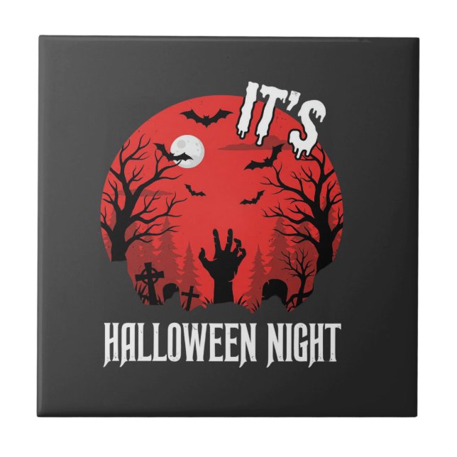 Halloween Night Spooky Graveyard Vector Ceramic Tile (Front)