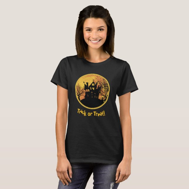 Halloween Night Trick or Treat Full Moon House T-Shirt (Front Full)