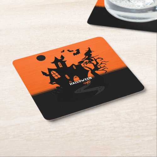 Halloween Night Witch and Bats Hunted House Square Paper Coaster