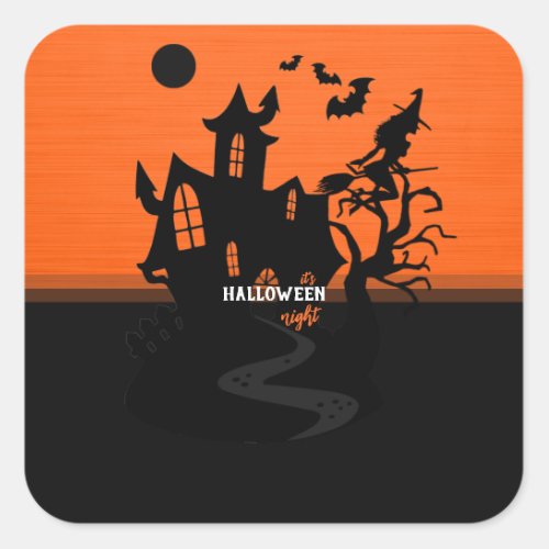 Halloween Night Witch and Bats Hunted House Square Sticker