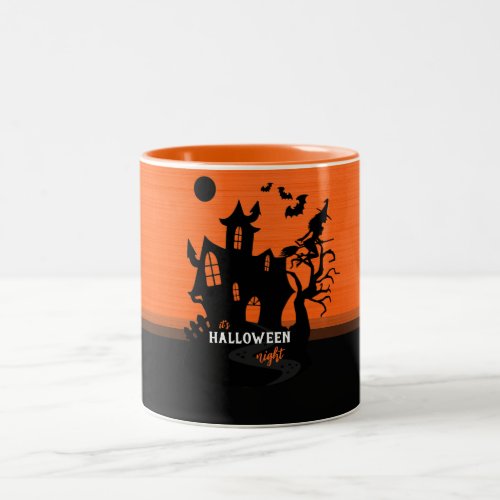 Halloween Night Witch and Bats Hunted House Two_Tone Coffee Mug
