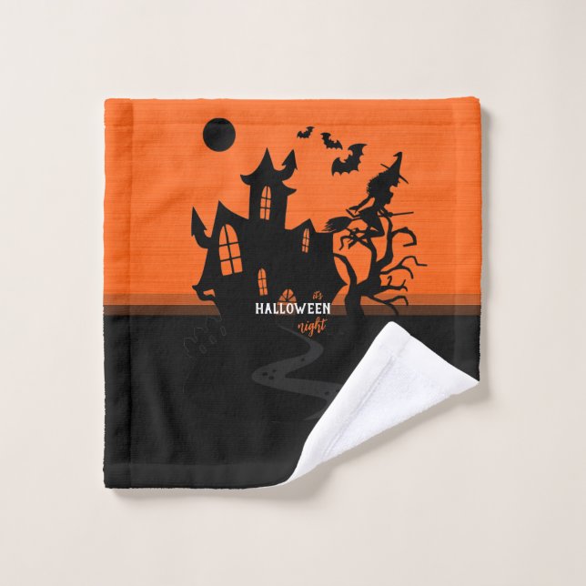 Halloween Night Witch and Bats Hunted House Wash Cloth (Wash Cloth)