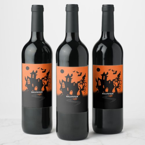 Halloween Night Witch and Bats Hunted House Wine Label