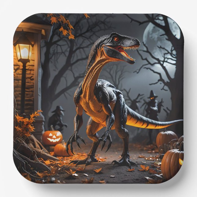 Halloween Night With A Velociraptor Paper Plates (Front)