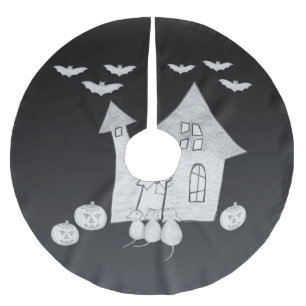 Halloween night with Haunted House, Bats, Pumpkins Brushed Polyester Tree Skirt