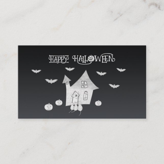 Halloween night with Haunted House, Bats, Pumpkins Business Card (Front)