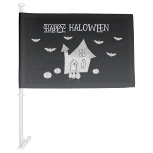 Halloween night with Haunted House, Bats, Pumpkins Car Flag