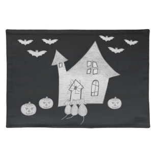 Halloween night with Haunted House, Bats, Pumpkins Cloth Placemat
