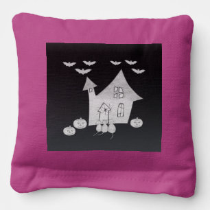 Halloween night with Haunted House, Bats, Pumpkins Cornhole Bags