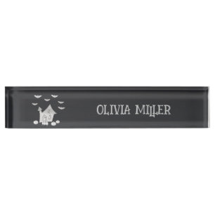 Halloween night with Haunted House, Bats, Pumpkins Desk Name Plate