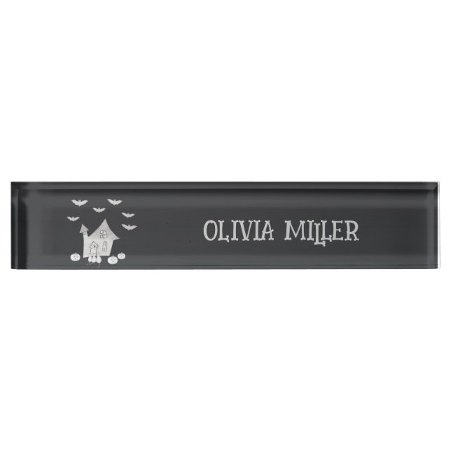 Halloween night with Haunted House, Bats, Pumpkins Desk Name Plate (Front)