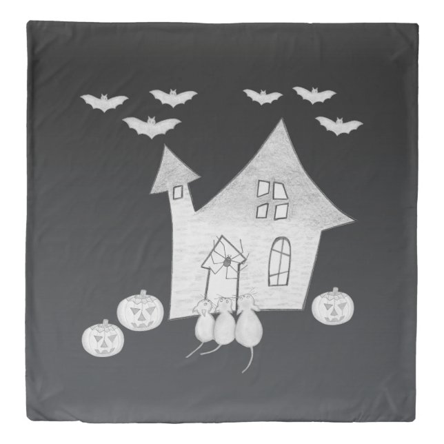 Halloween night with Haunted House, Bats, Pumpkins Duvet Cover (Front)