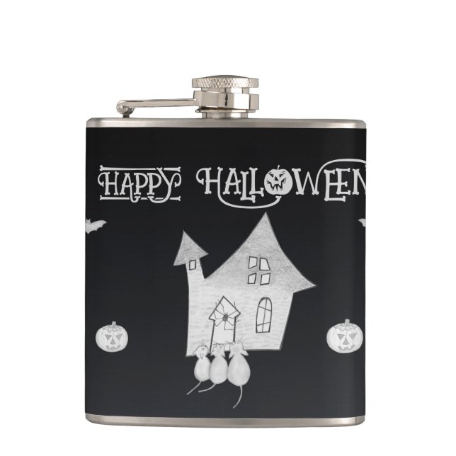 Halloween night with Haunted House, Bats, Pumpkins Flask (Front)