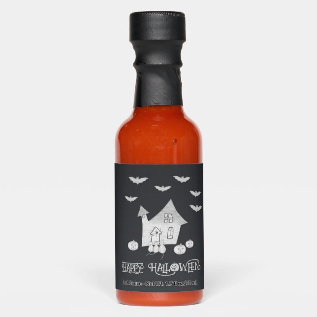Halloween night with Haunted House, Bats, Pumpkins Hot Sauces (Front)