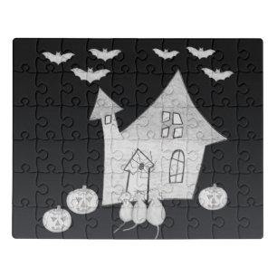 Halloween night with Haunted House, Bats, Pumpkins Jigsaw Puzzle