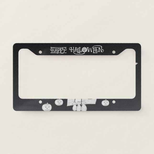 Halloween night with Haunted House, Bats, Pumpkins License Plate Frame (Front)