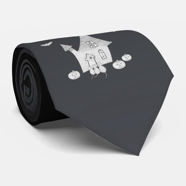 Halloween night with Haunted House, Bats, Pumpkins Neck Tie (Rolled)