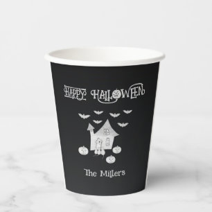 Halloween night with Haunted House, Bats, Pumpkins Paper Cups