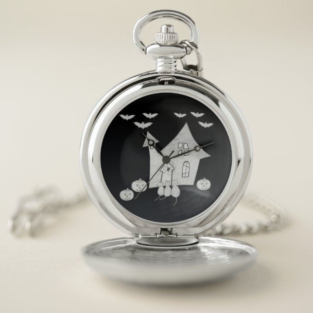 Halloween night with Haunted House, Bats, Pumpkins Pocket Watch (Inside)