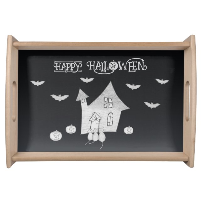 Halloween night with Haunted House, Bats, Pumpkins Serving Tray (Front)