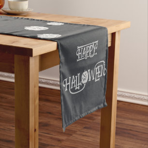 Halloween night with Haunted House, Bats, Pumpkins Short Table Runner