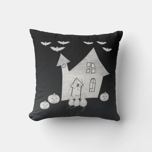 Halloween night with Haunted House, Bats, Pumpkins Throw Pillow (Front)