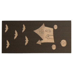 Halloween night with Haunted House, Bats, Pumpkins Wood Flash Drive
