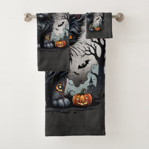 Halloween night with kitten and pumpkins. bath towel set