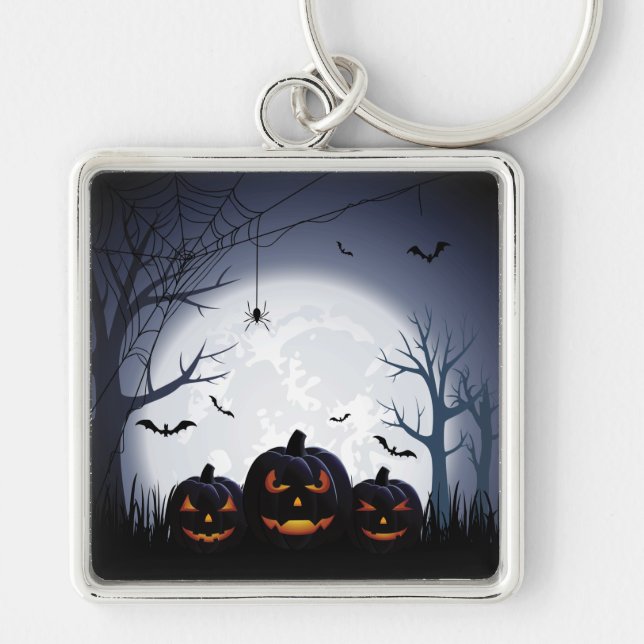 Halloween Night with Pumpkin & flying Bats Keychain (Front)
