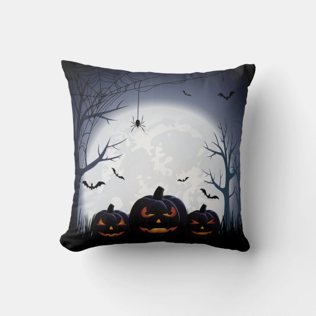 Halloween Night with Pumpkin & flying Bats Throw Pillow (Front)