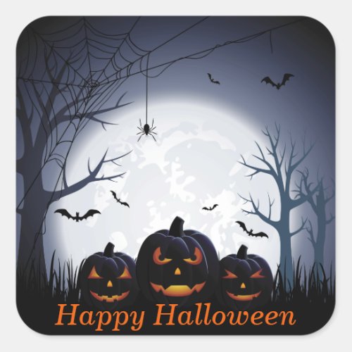 Halloween Night with Pumpkin Spider  flying Bats Square Sticker