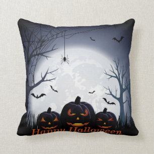 Halloween Night with Pumpkin, Spider & flying Bats Throw Pillow
