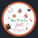 Halloween No Tricks Just Treats spooky pumpkin Classic Round Sticker<br><div class="desc">Introducing our "No Tricks Just Treats" orange Halloween Pumpkin Ghost Sticker, a charming and enchanting addition to your Halloween decor collection. This Sticker features a playful and friendly pumpkin ghost and pink text, spreading a message of sweet treats and festive fun. With its vibrant colors and captivating design, it's sure...</div>