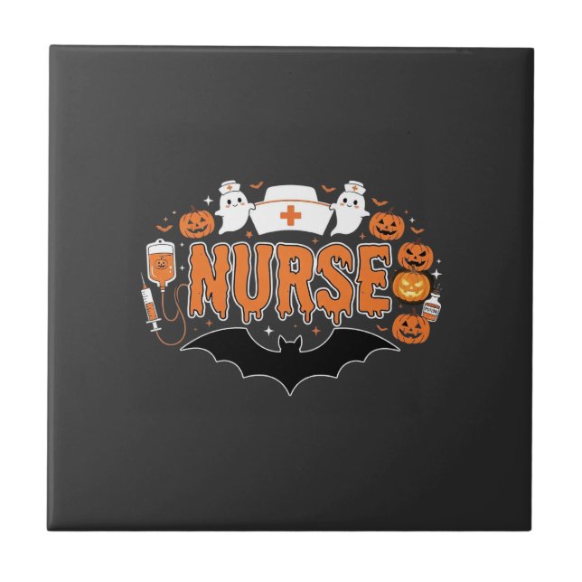 Halloween Nurse Dripping Pumpkin Ghost Vector Desi Ceramic Tile (Front)