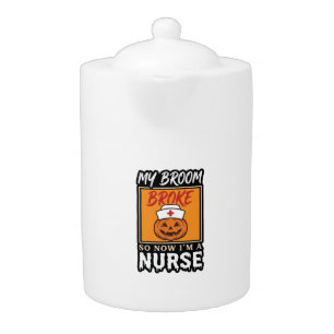 Halloween Nurse Pumpkin Broom Broke Vintage Shirt Teapot