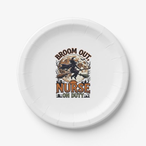 Halloween Nurse Shirt Funny Witch Broom Design_1 Paper Plates