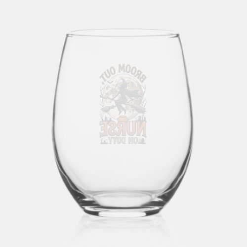 Halloween Nurse Shirt Funny Witch Broom Design_1 Stemless Wine Glass