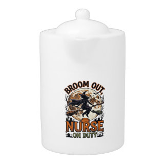 Halloween Nurse Shirt Funny Witch Broom Design_1 Teapot