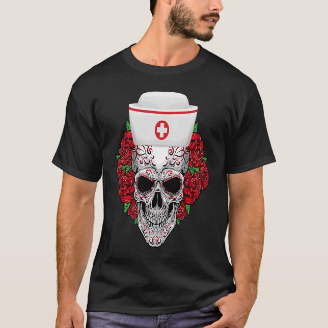 Halloween Nurse Sugar Skull Day of the Dead T-Shirt (Front)