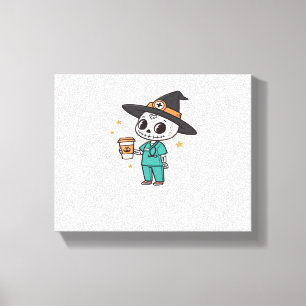Halloween Nurse with Coffee Wearing Witches Hat Cl Canvas Print