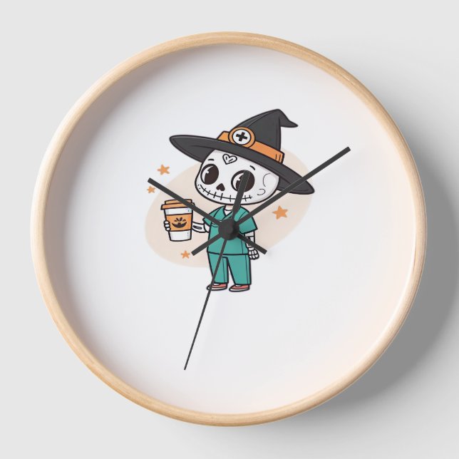 Halloween Nurse with Coffee Wearing Witches Hat Cl Clock (Front)