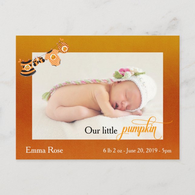Halloween October Pumpkin Birth Announcement Postcard (Front)