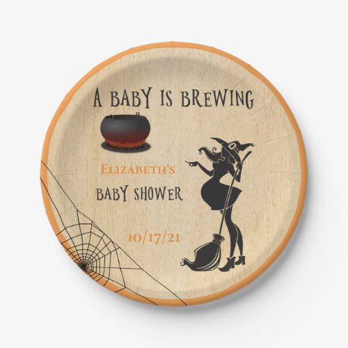 Halloween October Witch Baby is Brewing Shower Paper Plates